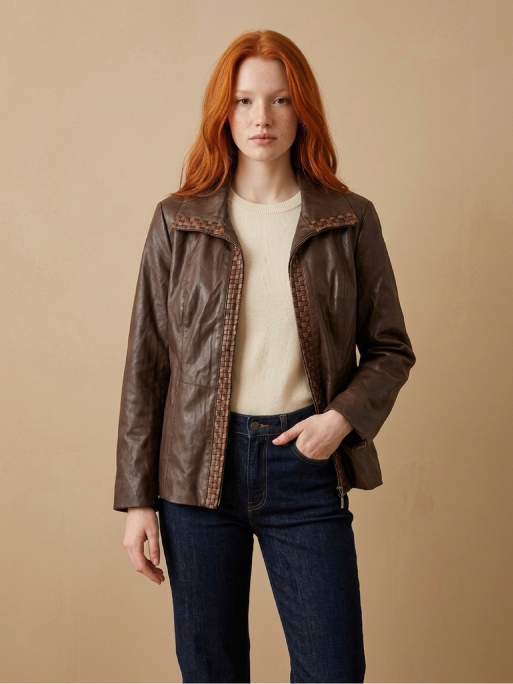 Women's Brown Leather Zip-Front Jacket with Woven Trim